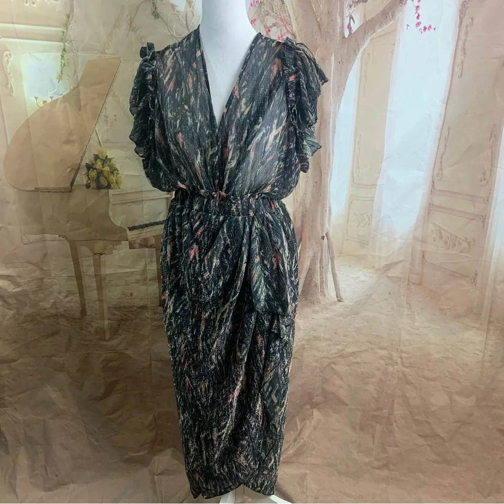 NEW IRO Gargas Wrap-effect Ruffled Printed lurex Sheer MIDI Dress - Picture 2 of 15